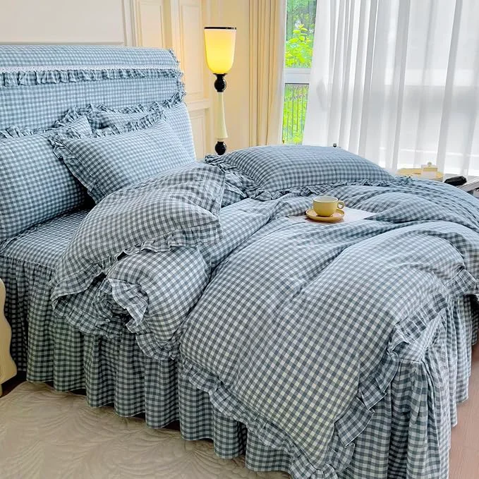 Crafted mixinni Vintage Blue Gingham Ruffle Comforter Set 3-Piece Washed Cotton Twin XL Size Grid Bedding Set with Geometric Checkered Pattern Farmhouse Chic Soft Fluffy Comforter for All-Season Outstanding