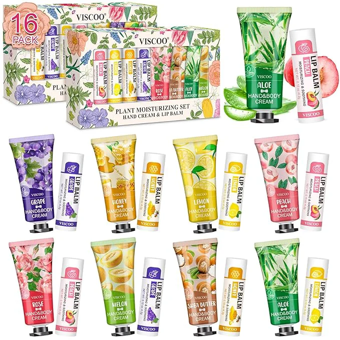 Authentic VISCOO 16 Pack Bulk Lip Balm and Hand Cream Set Mothers Day Gifts Teacher High-Quality