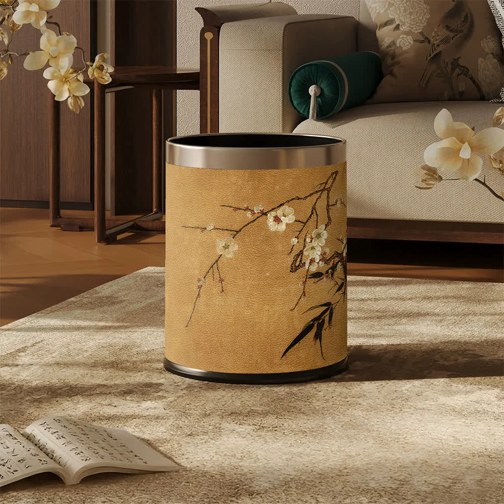 Contemporary Ownkoti Oriental Plum Blossom Leather Trash Can Comfortable
