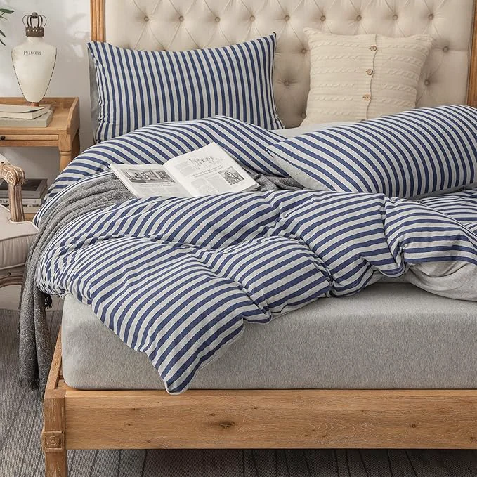 Premium PURE ERA Jersey Knit Duvet Cover Set T-Shirt Heather Cotton Super Soft Comfy Classic Striped Design with Zipper Closure Heather Grey Blue Stripe Queen Recyclable