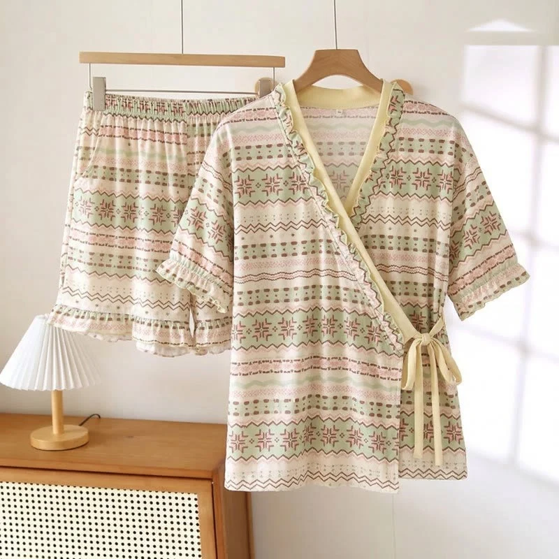 Detailed Ownkoti Geometric Pattern Ruffle Sleeve Pajama Set Efficient