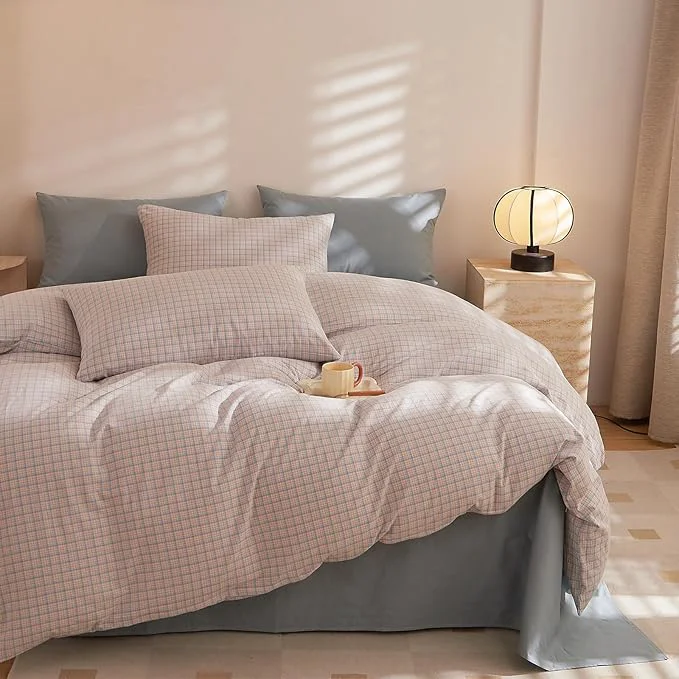 High-End EAVD Reversible Gingham Duvet Cover Twin Pink Blue Grid Plaid Bedding Set with 2 Pillowcases Modern Checkerd Grid Duvet Cover with Zipper Closure Farmhouse Gingham Bedding Set for Boys Women Men Comfortable