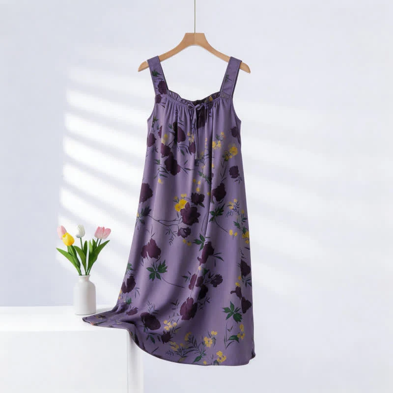Traditional Ownkoti Purple Floral Print Sleeveless Nightgown Trendy
