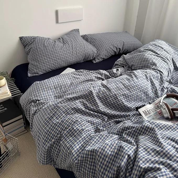 Innovative EAVD Vintage Blue Plaid Gingham Duvet Cover King Soft Washed Cotton Reversible Grid Plaid Checkered Gingham Bedding Set with 2 Pillowcases Farmhouse Blue Plaid Duvet Cover with Zipper Smart