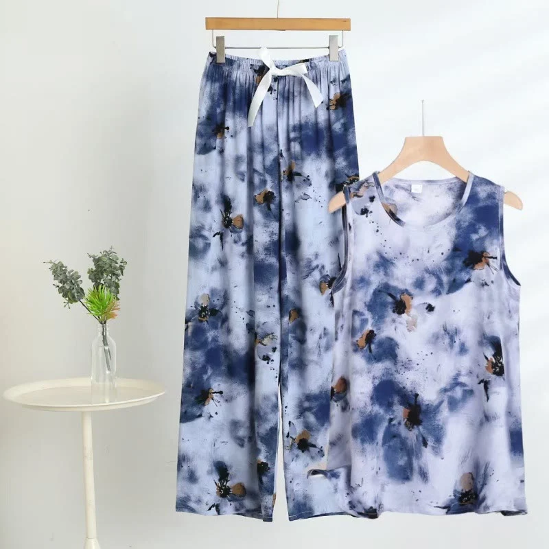High-End Ownkoti Blue Tie-Dye Tank amp Pants Pajama Set Stylish
