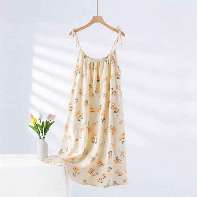Quality Ownkoti Orange Floral Cotton Gauze Camisole Nightgown Traditional