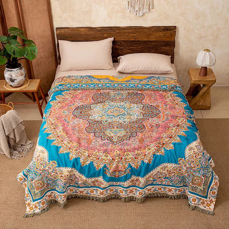 Crafted Ownkoti Vintage Pattern Cotton Gauze Tassel Quilt Blanket Functional
