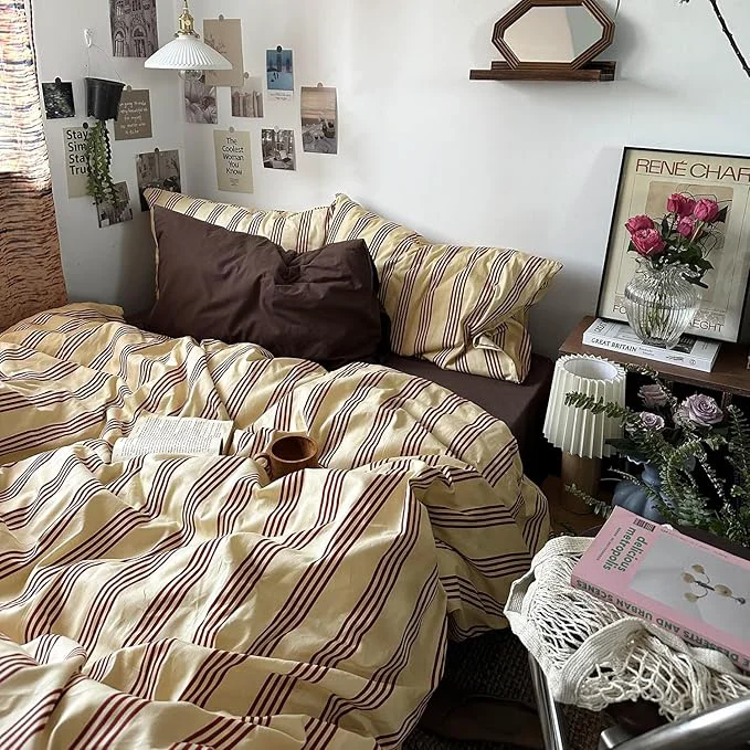 Long-Lasting mixinni Vintage Striped Comforter Set Full Size - Soft Cotton 3-Piece Boho Bedding Set 1 Comforter 2 Pillowcases Rustic Red-Brown Geometric Stripes Ultra-Soft amp Breathable for All Seasons High-Performance
