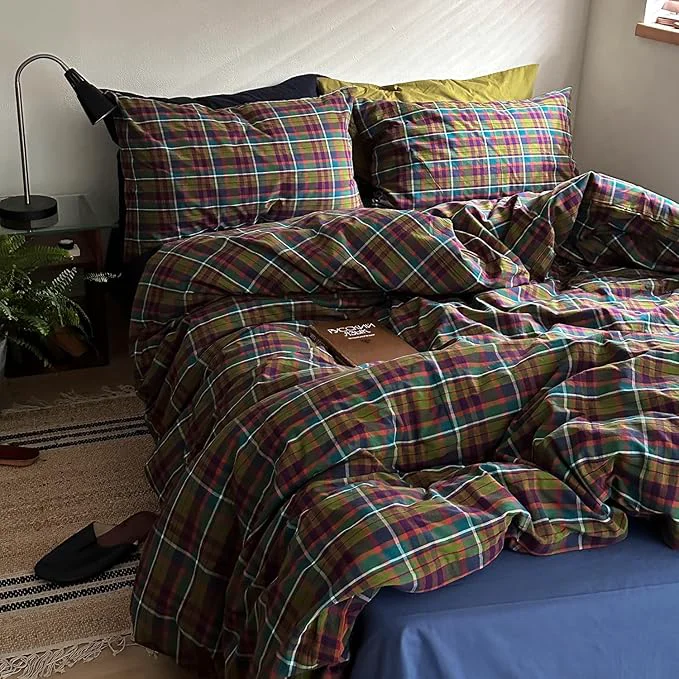 Advanced mixinni Vintage Multicolor Gingham Comforter Set Queen Size - Washed Cotton 3-Piece Retro Plaid Pattern Bedding Set 1 Comforter 2 Pillowcases All-Season Lightweight amp Breathable Certified