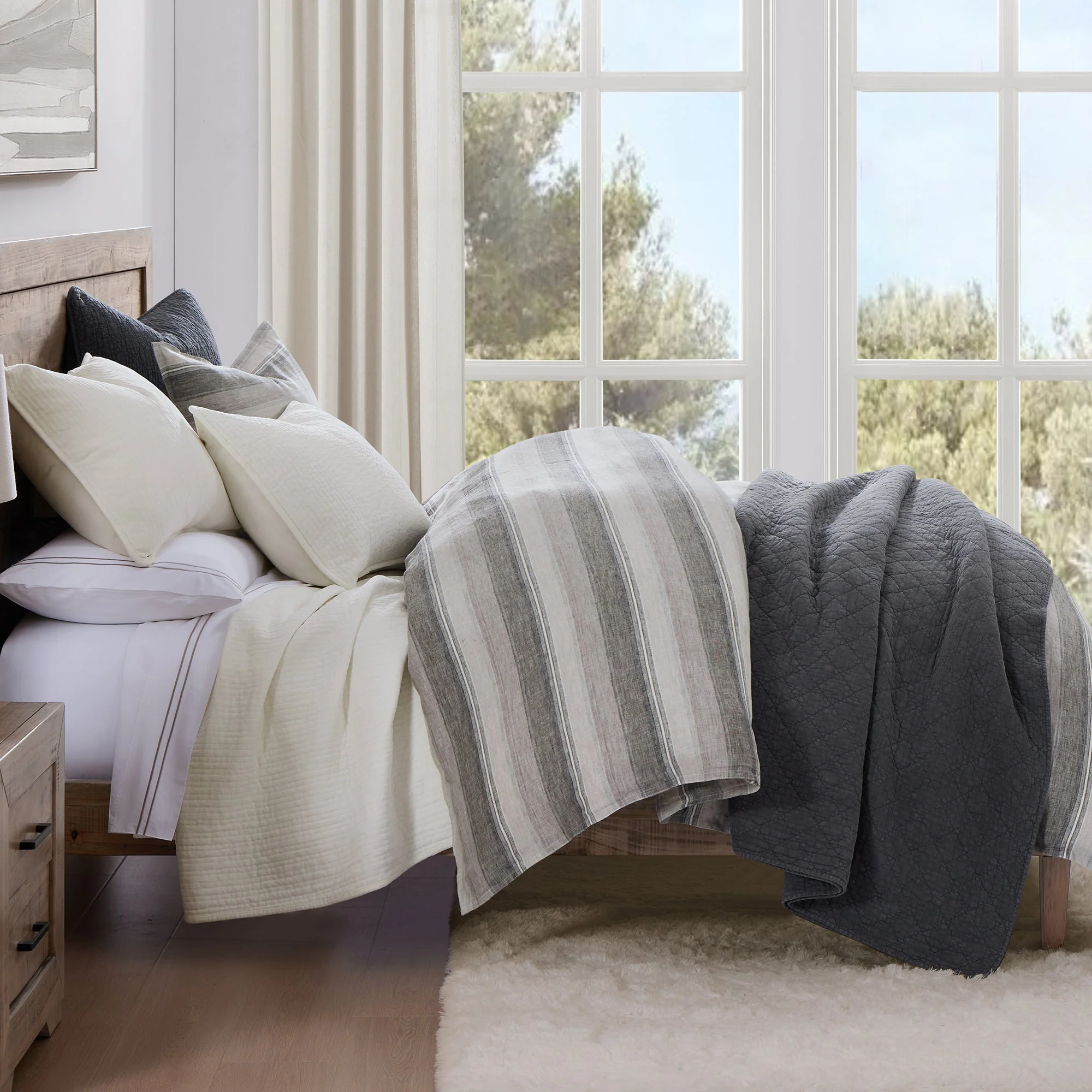 Premium French Flax Linen Variegated Stripe Duvet Cover Set 3 Pc Specialty