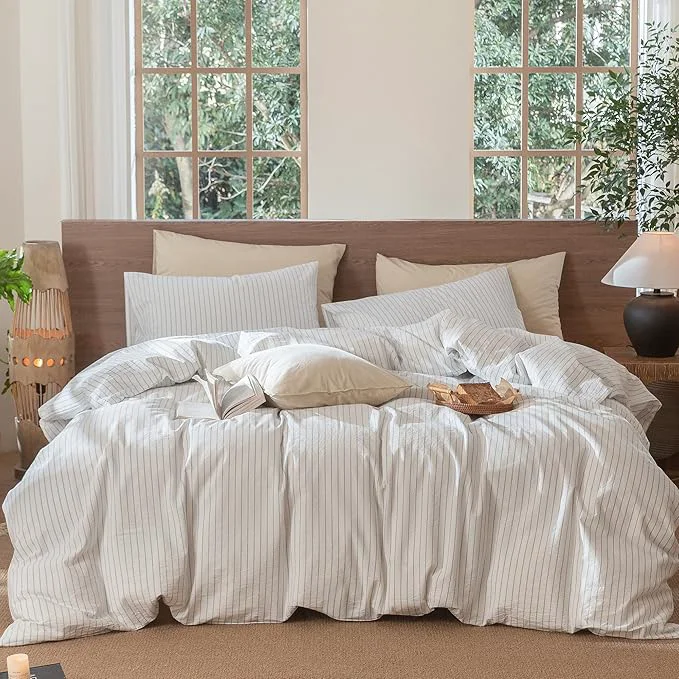 Fine Crafted MooMee Striped Duvet Cover Set Washed Cotton Linen Like Textured Breathable Durable Soft Comfy White Cornflower Blue Wide Stripes Super King Plus 120 quot x120 quot Trusted