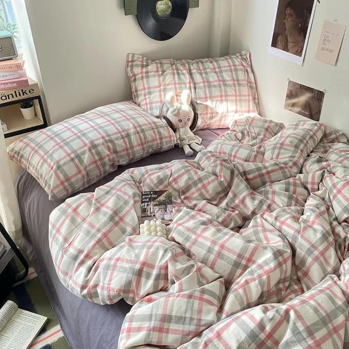 Crafted EAVD Vintage Style Plaid Duvet Cover Queen Grey Pink Grid Soft Washed Cotton Reversible Bedding Set Farmhouse Grid Checkered Bedding Set with 2 Pillowcases Modern Gingham Duvet Cover with Zipper Contemporary