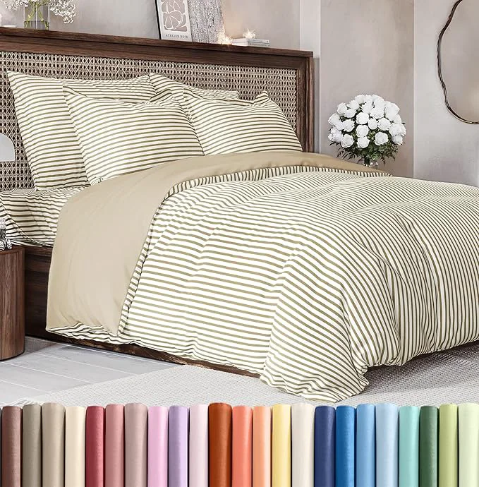 Secure Duvet Cover King Size Set - Extra Soft King Duvet Cover 104 quot x 90 quot with 2 Pillow Shams - Hotel Luxury Easy Care Fade with Zipper Closures amp Ties - All Season Comfy amp Breathable Beige Stripes High-Performance