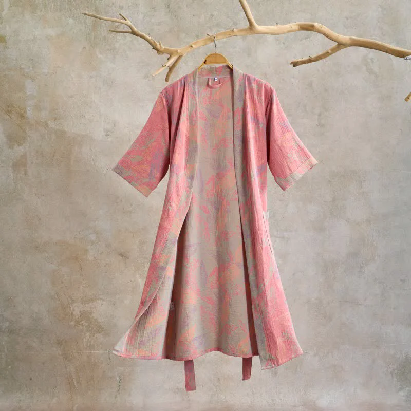 Exclusive Ownkoti Artistic Leaf Short Sleeve Cotton Robe Stylish