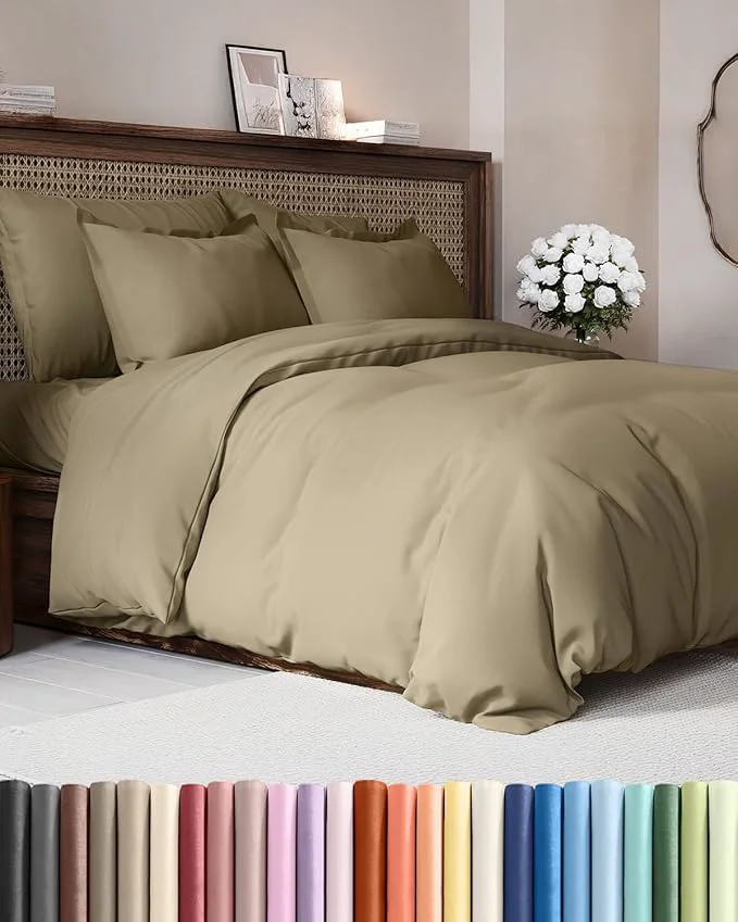 Secure Duvet Cover Full Size Set - Extra Soft Full Duvet Cover 80 quot x 90 quot with 2 Pillow Shams - Hotel Luxury Easy Care and Fade w Zipper Closures amp Ties - All Season Comfy Cozy amp Breathable Khaki Classic