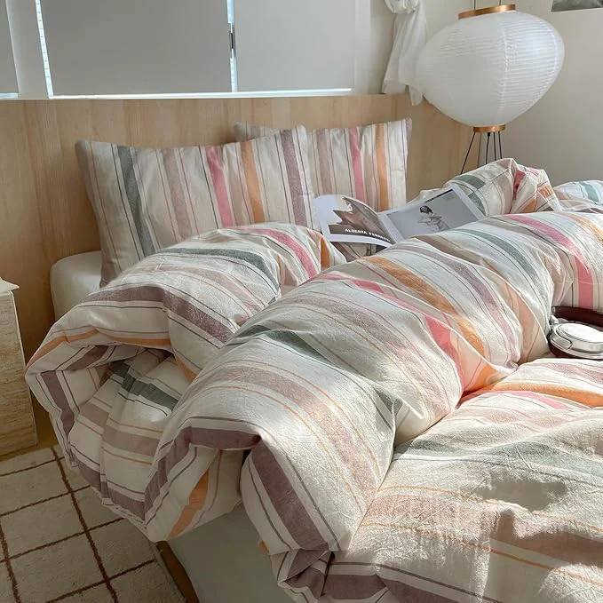 Enhanced EAVD Retro Striped Duvet Cover Full Soft Washed Cotton 3-Piece Vintage Multicolor Striped Pattern Bedding Set with 2 Pillowcases Reversible Geometric Pattern Duvet Cover with Zipper Closure Powerful
