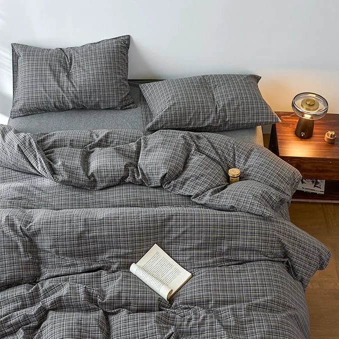 First-Class EAVD Vintage Style Grey Plaid Gingham Duvet Cover Queen Washed Cotton Like Linen Feel Soft Grid Plaid Bedding Set with 2 Pillowcases Farmhouse Grid Geometric Pattern Duvet Cover with Zipper Long-Lasting