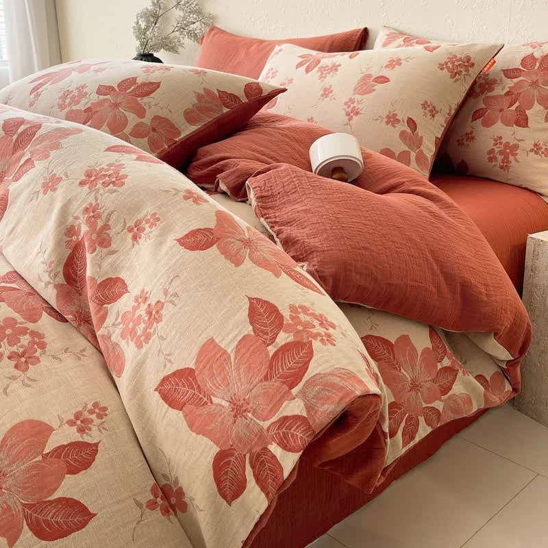 Powerful Ownkoti Floral Leaf Cotton Double Gauze Bedding Set 4PCS Verified