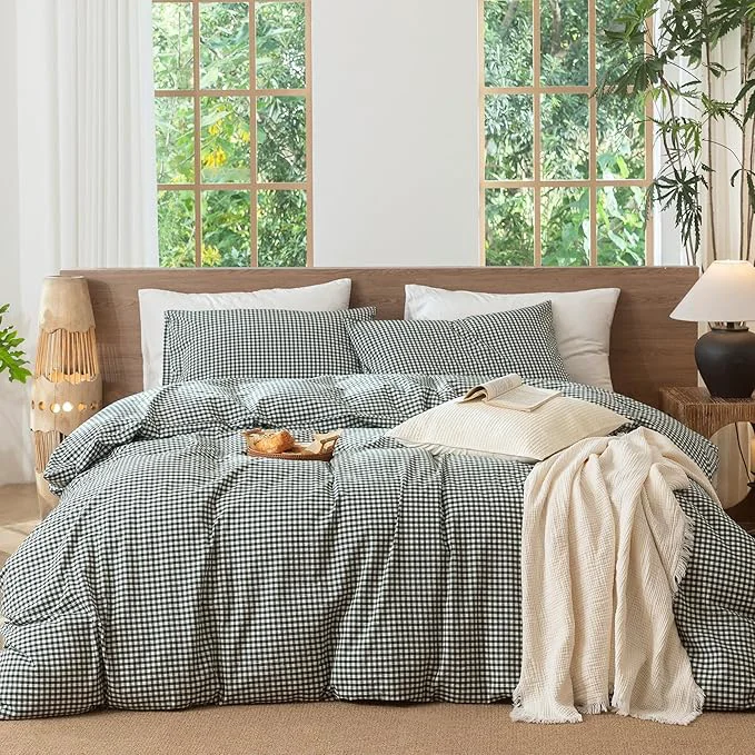 Lightweight MooMee Gingham Duvet Cover Set Washed Cotton Linen Like Textured Breathable Durable Soft Comfy Modern Checkered Design Mini Gingham Forest Green Oversized Full 82 quot x86 quot High-Quality