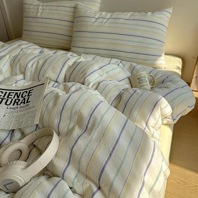 Durable EAVD Retro Striped Duvet Cover Set Twin Size Cotton Chic Stripes Printed Bedding Set with 2 Pillowcases Vintage Geometric Pattern Duvet Cover with Zipper Closure Yellow amp Purple amp Blue Twin Responsible