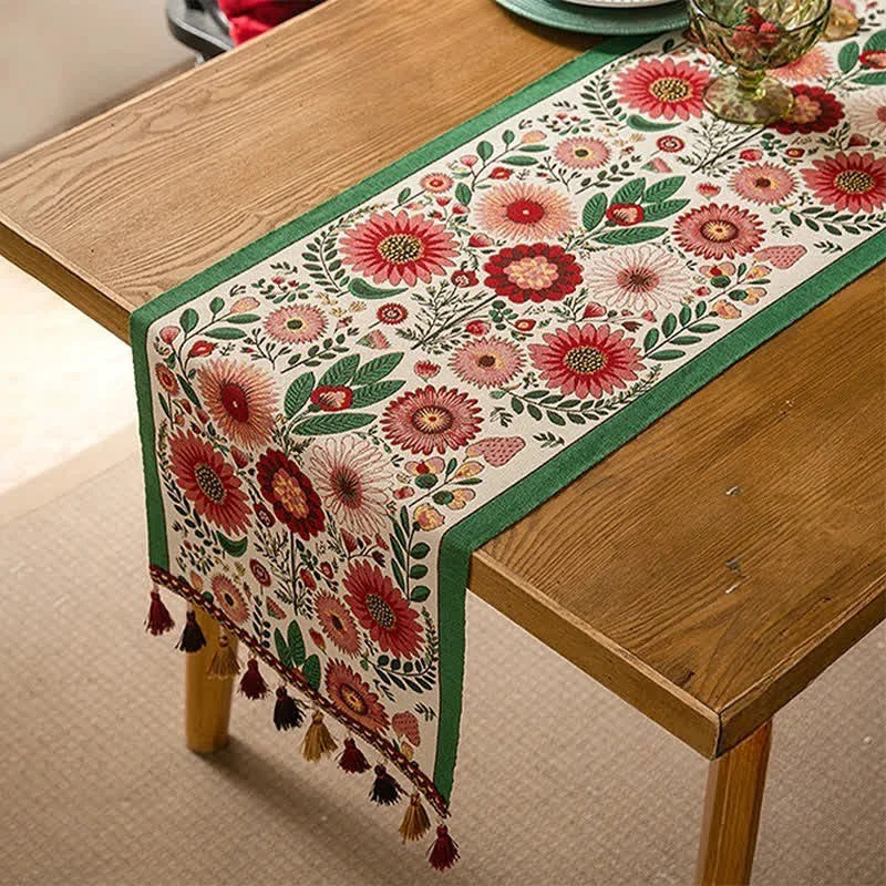 Specialty Ownkoti Pink Floral Jacquard Tassel Table Runner Premium Material