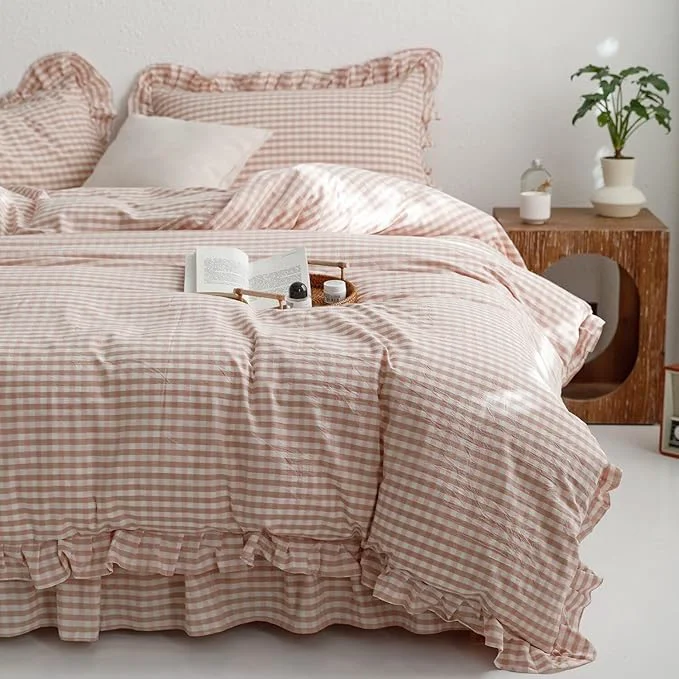 Effective mixinni Vintage Pink Gingham Ruffle Comforter Set 3-Piece Washed Cotton Full Size Grid Bedding Set with Geometric Checkered Pattern Farmhouse Chic Soft Fluffy Comforter for All-Season Versatile