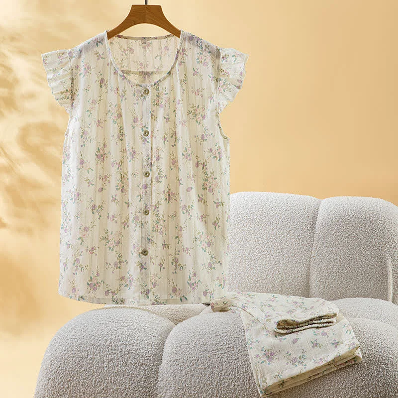 Stylish Ownkoti Rose Cotton Flutter Sleeve Loungewear Set Innovative