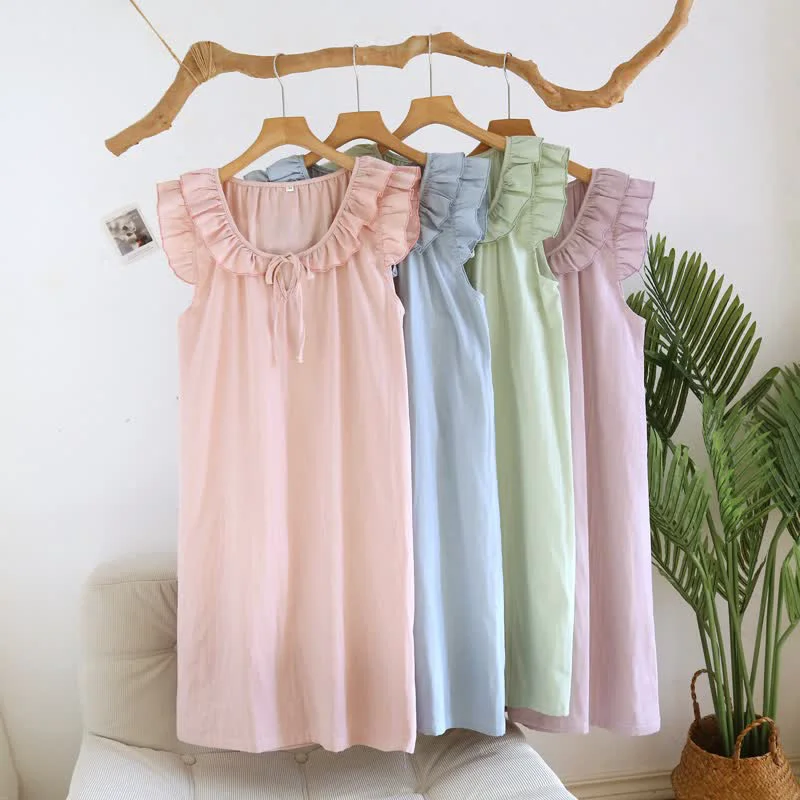 Unique Ownkoti Cotton Gauze Solid Flutter Sleeve Nightdress Enhanced