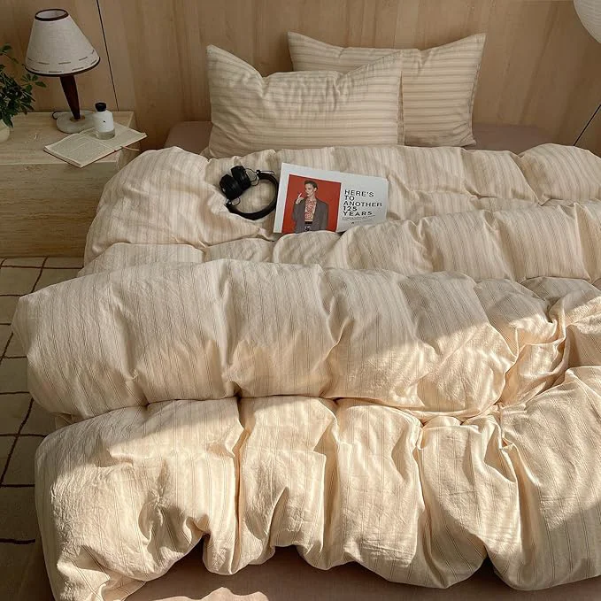 Environmentally Friendly mixinni Striped Comforter Set Full Size - Beige Comforter with Black White Stripes Pattern 3 Pieces All Seasons Bedding Set Soft Breathable Vintage Farmhouse Comforter with Pillowcases Organic