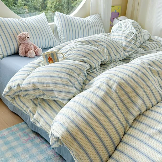 Environmentally Friendly EAVD Vintage Striped Duvet Cover Twin Soft Muslin Cotton Linen Feel Gauze Farmhouse Blue Vertical Striped Pattern Bedding Set for Boy Girl Reversible Geometric Duvet Cover with Zipper Closure Versatile