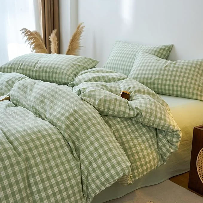 Detailed EAVD Vintage Style Green amp White Plaid Gingham Duvet Cover Twin Soft Washed Cotton Fresh Grid Checkered Gingham Bedding Set with 2 Pillowcases Farmhouse Green Plaid Duvet Cover with Zipper Closure Practical