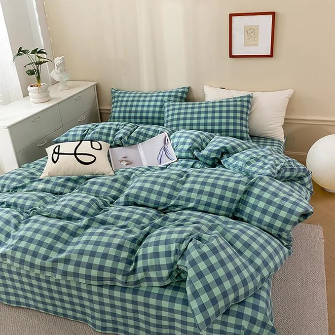 Durable EAVD Mini Grid Plaid Duvet Cover Twin Soft Cotton Green Blue Plaid Bedding Set with 2 Pillowcases Modern Simple Checkered Geometric Duvet Cover with Zipper Closure Clean