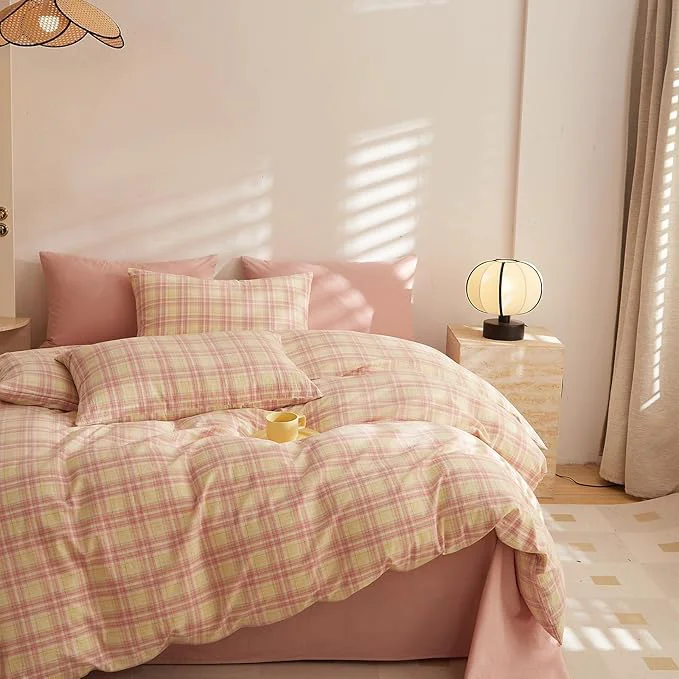 Exclusive EAVD Yellow and Pink Plaid Duvet Cover Twin Soft Washed Cotton Gingham Duvet Cover Set 3-Piece Modern Grid Checkered Pattern Bedding Set with 2 Pillowcases Zipper Closure for All-Season Original Design