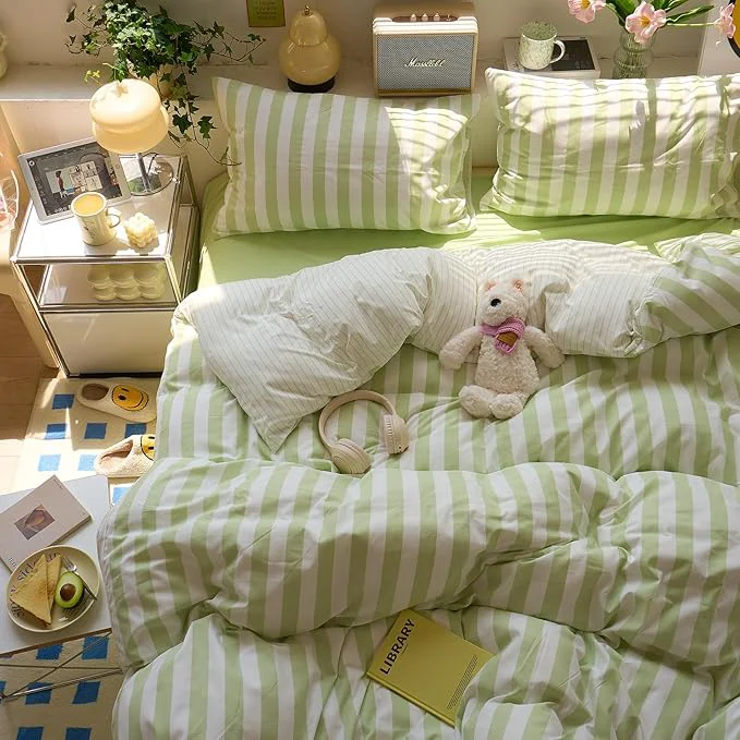 Healthy EAVD Green Striped Duvet Cover King Soft Washed Microfiber Chic Vertical Striped Bedding Set with 2 Pillowcases Reversible Farmhouse Geometric Duvet Cover with Zipper Closure High-Grade