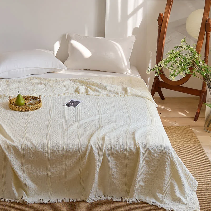 Traditional Ownkoti Waffle Weave Quilt Blanket with Tassel Fringe High-End