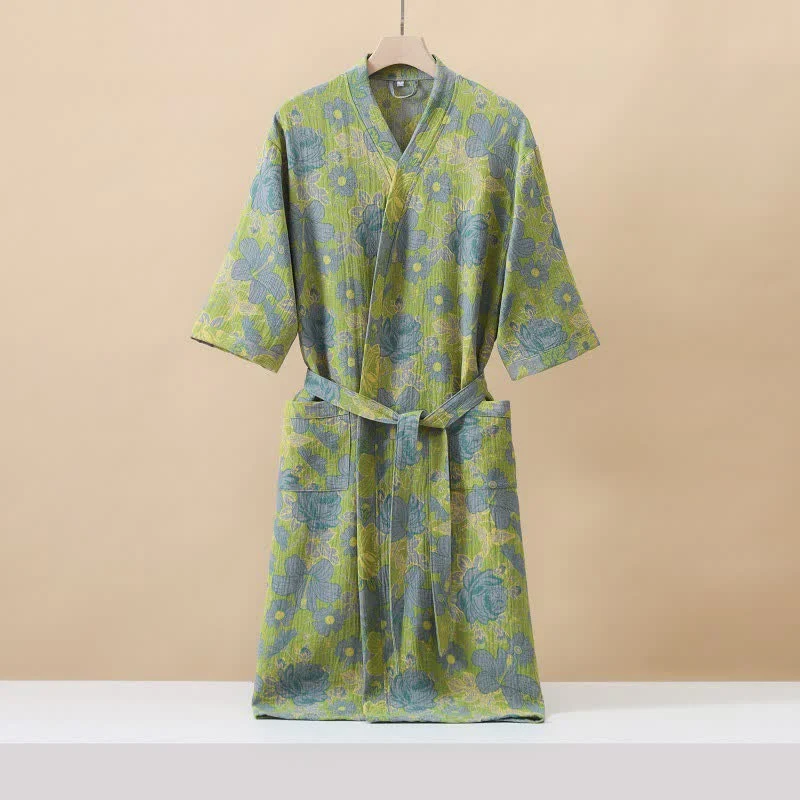 Crafted Ownkoti Green Floral Cotton Double Gauze Robe Sustainable