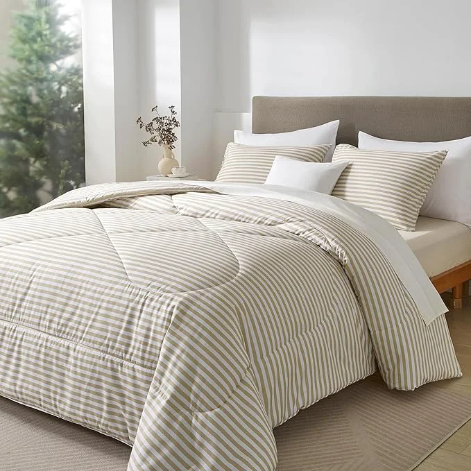 Efficient mixinni Tan Striped Comforter Set Full Size - Beige Stripes Pattern Bed Set for All Season 3 Pieces Lightweight Bedding Comforter Sets for All Seasons 1 Soft Fluffy Comforter 2 Pillowcases Certified
