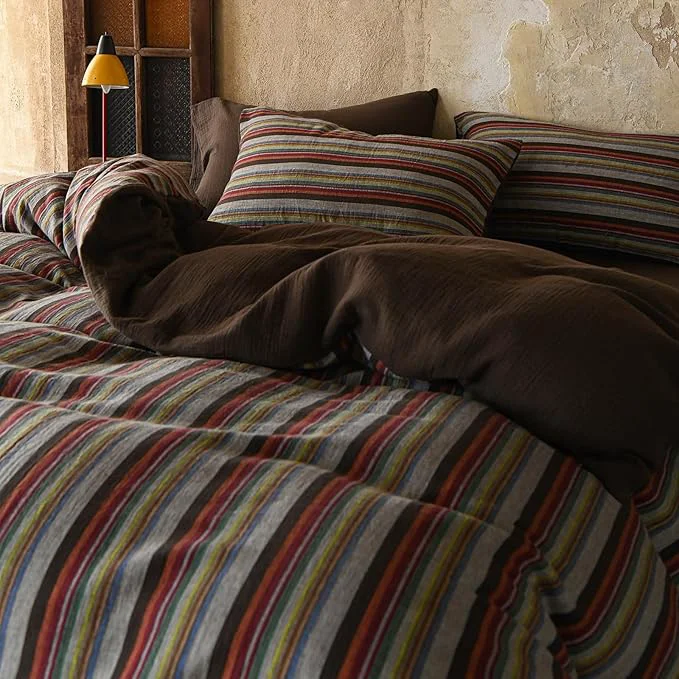 Trusted EAVD Retro Striped Duvet Cover Set Twin Soft Cotton Muslin Bohemian Colorful Vertical Striped Bedding Set with 2 Pillowcases Rustic Farmhouse Style Geometric Pattern Duvet Cover with Zipper Functional