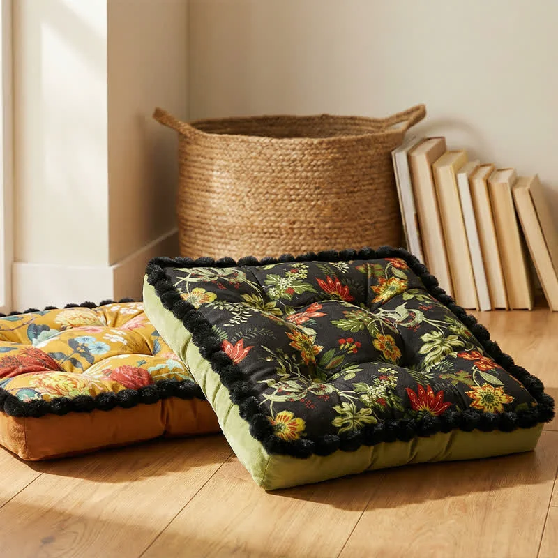 Top-Quality Ownkoti Vintage Floral Seat Cushion with Pom-Pom Trim Fashionable
