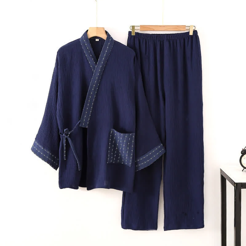 Flexible Ownkoti Navy Cotton Gauze Kimono Pajama Set World-Class