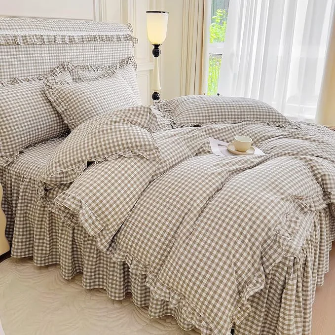 Superior mixinni Vintage Ruffle Tan Gingham Comforter Set 3-Piece Washed Cotton Queen Beige Grid Bedding Set with Taupe Geometric Checkered Pattern Farmhouse Chic Soft Fluffy Comforter for All-Season Modern