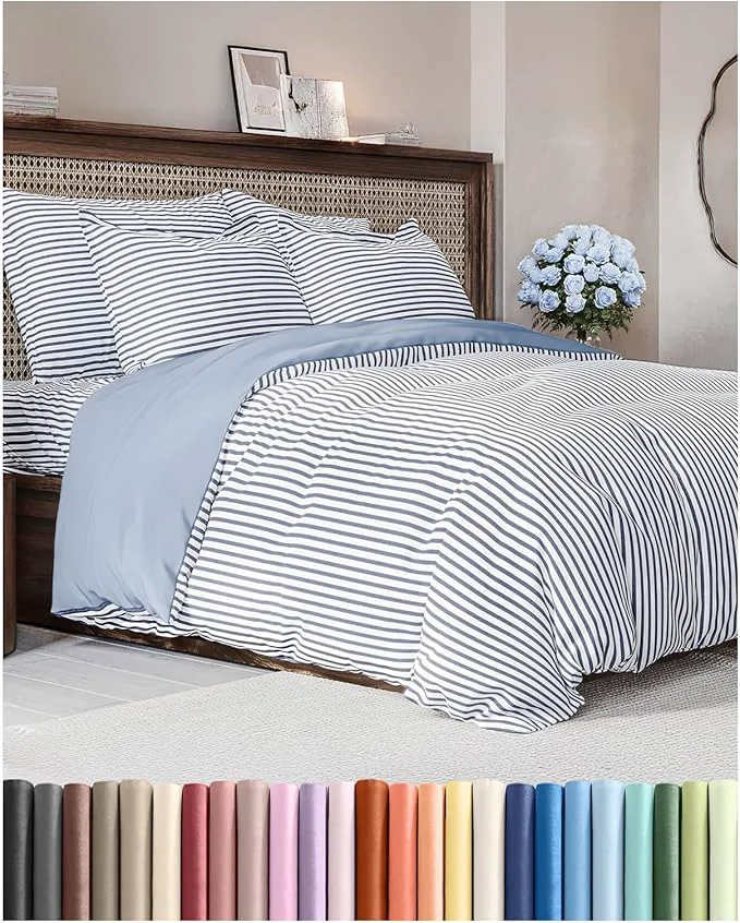 Stylish Duvet Cover Cal King Size Set - Extra Soft Cal King Duvet Cover 104 quot x 98 quot with 2 Pillow Shams - Hotel Luxury Easy Care amp Fade w Zipper Closures amp Ties - Comfy Cozy amp Breathable Blue Stripes Reusable