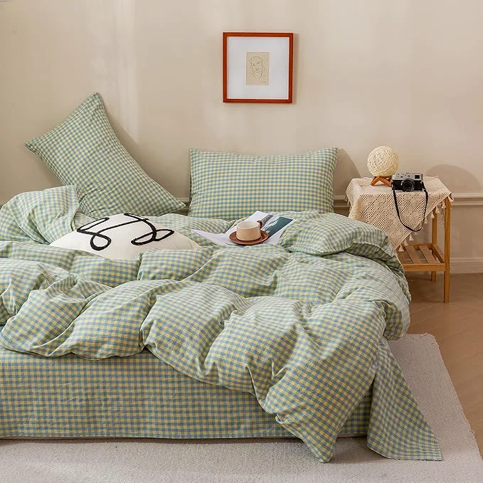 High-Performance EAVD Mini Blue Yellow Plaid Duvet Cover Queen Soft Cotton Reversible Grid Plaid Bedding Set with 2 Pillowcases Modern Style Geometric Grid Plaid Pattern Duvet Cover with Zipper Closure Excellent