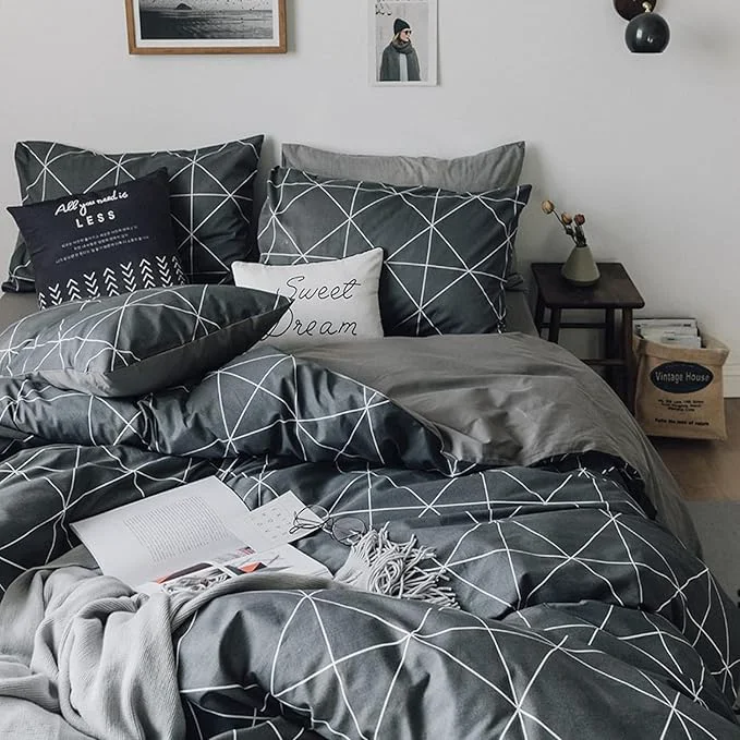 Fine mixinni Queen Size Comforter Set Soft Geometric Grey Geometric Checkered Plaid Printed Bedding Comforter for Men Boys 1 Soft Microfiber Reversible Comforter with 2 Pillowcases for All Seasons Genuine