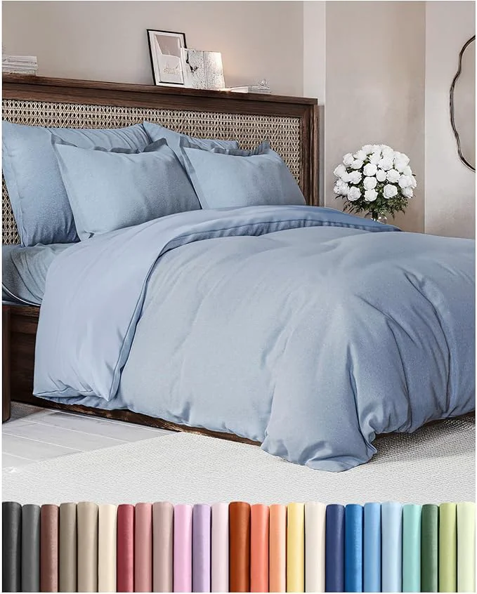 Professional Duvet Cover Cal King Size Set - Extra Soft Cal King Duvet Cover 104 quot x 98 quot with 2 Pillow Shams - Hotel Luxury Easy Care amp Fade w Zipper Closures amp Ties - Comfy and Breathable Heathered Blue Natural