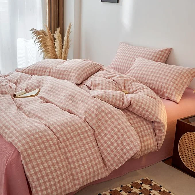 Solid EAVD Vintage Style Gingham Plaid Duvet Cover King Pink White Soft Washed Cotton Chic Warm Checkered Bedding Set with 2 Pillowcases Farmhouse Grid Gingham Duvet Cover with Zipper Closure Green