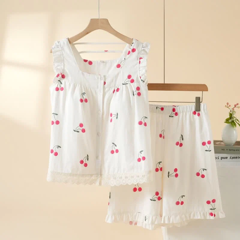 Contemporary Ownkoti Cherry Cotton Cap Sleeve Pajama Set Fine Crafted