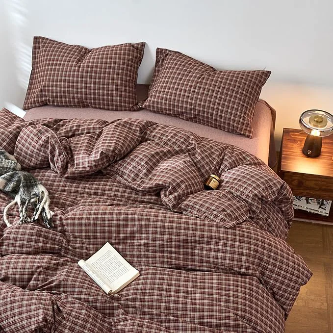 Durable EAVD Vintage Style Burgundy Gingham Duvet Cover Twin Washed Cotton Like Linen Feel Soft Checkered Grid Plaid Bedding Set with 2 Pillowcases Farmhouse Grid Geometric Duvet Cover with Zipper Effective