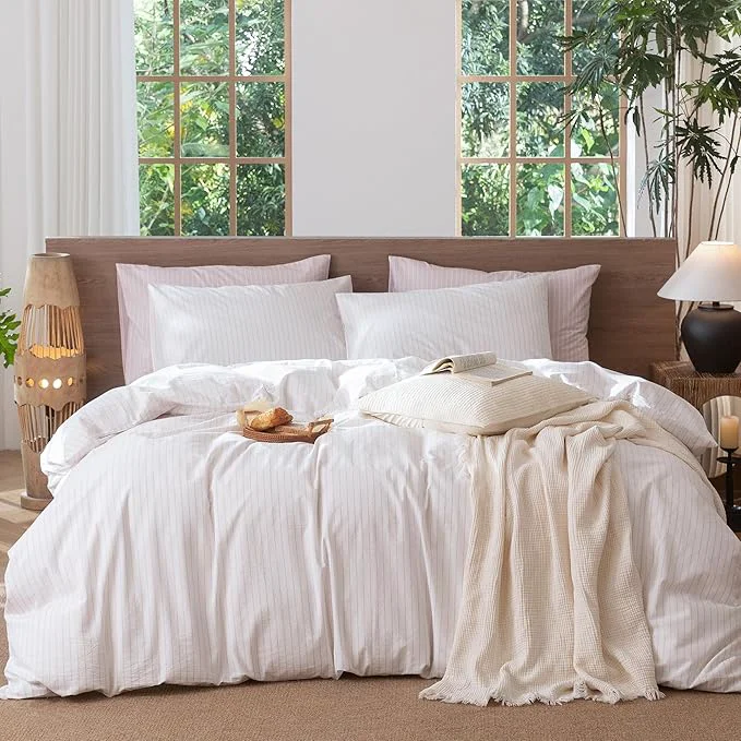 Practical MooMee Striped Duvet Cover Set Washed Cotton Linen Like Textured Breathable Durable Soft Comfy White Heathered Greyish Pink Wide Stripes Oversized Full 82 quot x86 quot Premium Material