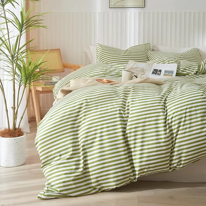 Fast mixinni Striped Comforter Set King Size - Green White Stripes Pattern Bed Set for All Season 3 Pieces Lightweight Bedding Comforter Sets for All Seasons 1 Soft Fluffy Comforter 2 Pillowcases Comfortable